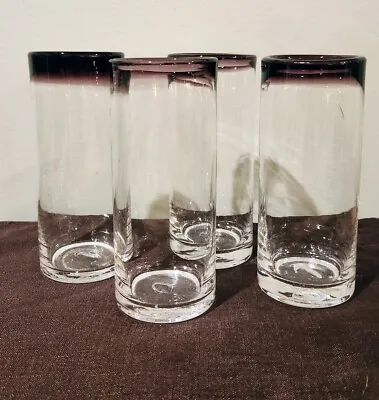 Mexican Hand Blown Clear Glass Tall Tumblers Violet Purple Rim 20oz Set Of 4 • $55.95