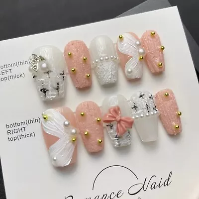 Hand Painted With 3D Bow Butterfly Star Fake/False Nails -Size S Reusable • £6.99