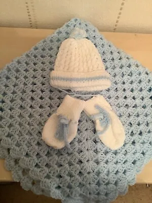 Beautiful Crocheted Baby Shawl With Pom Pom Hat And Mittens • £15