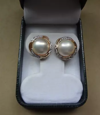 Mabe Pearl 14k Yellow Gold Earrings W/ Diamond Accents • $373.99