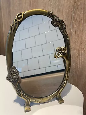 Art Nouveau Brass Tone IVanity Mirror W/ Woman Peering & Flowers 10” X 7” VG ! • $34.65