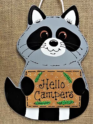 RACCOON Hello Campers SIGN Camp Campsite Tent Camper Cabin Wall Plaque Wood  • $13