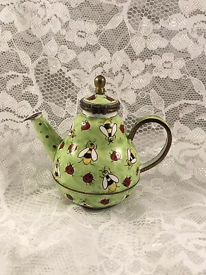$22 • Buy Vintage Kelvin Chen Hand Painted  Enamel Copper Teapot Ladybugs & Bees 3.5” #426