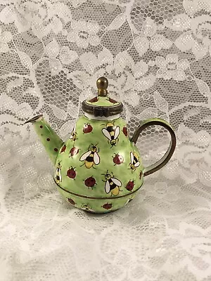 $22 • Buy Vintage Kelvin Chen Hand Painted  Enamel Copper Teapot Ladybugs & Bees 3.5” #426
