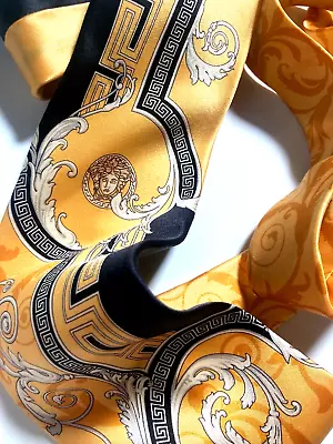 VERSACE VINTAGE '10s BAROQUE MEDUSA HEAD GREEK KEY TIE ITALY ORANGE GOLD • $129.24