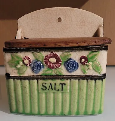 Vintage Japan Ceramic Salt Box Cellar Wood Lid Wall Mount Hand Painted Floral • $22.99