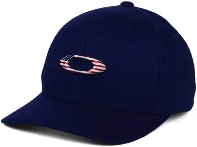 Oakley Tin Can USA Stretch-Fitted Cap Hat Fathom Navy Blue S-M Small-Medium Fit • $29.35