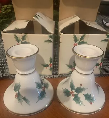 (2) Mikasa Ribbon Holly Candle Holders Christmas Candlesticks FX017 W/ Box Japan • $14.99