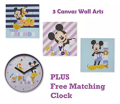 3 X DISNEY Mickey Mouse Pluto Canvas  Framed Wall Art 30 X 30cm + Clock NURSERY • £10