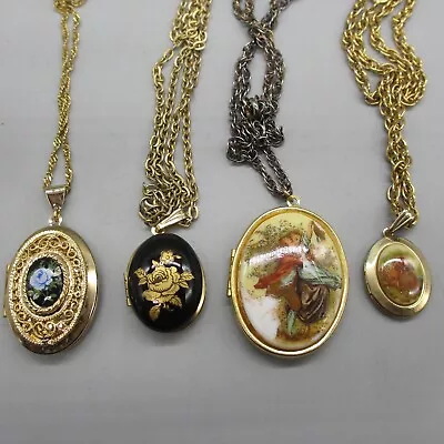 Vintage Locket Necklaces Lot Of 4 Romantic Couples Floral Gold Tone • $19.20