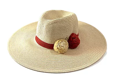 CSW299 Ladies Cappelli Large Brim Natural Paper Braid Hat With Pom Poms One Size • $15