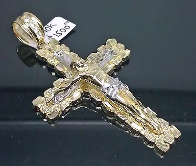 14K Yellow Gold Nugget Jesus Crucifix Cross Charm Moissanite Cut Men 3 Inch • $195.99