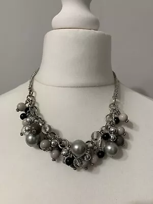 Multi Strand Statement Necklace Silvertone Bead Chunky Cluster Industrial (JB14) • £2.99