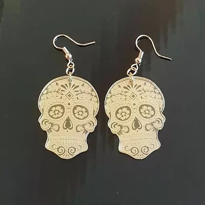 New Gold Acrylic Laser Cut Skull Hook Dangle Statement Earrings • $5.96