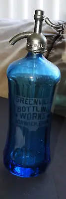 Vintage Blue Glass Seltzer Soda Bottle Greenville Bottling Works CT Art Deco • $250