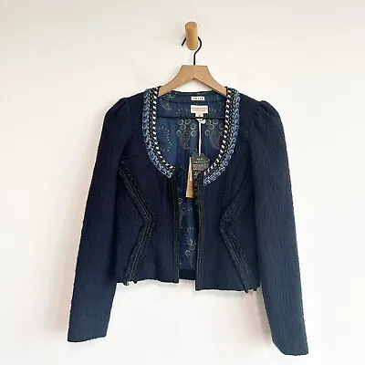 Maison Scotch Blue Indigo Tweed Blazer Cropped Embellished Neckline  Size XS NWT • $39