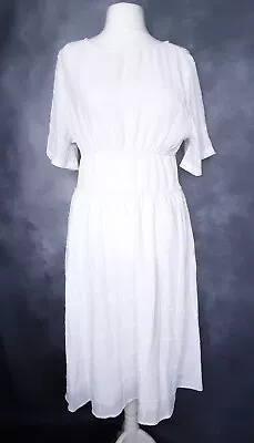 H&M White Dress Full Skirt Boho Waisted 50s Style Pockets Lined Uk XL  16 18 • £18.99