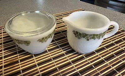 Vtg Pyrex Corning MILKGLASS Spring Blossom Crazy Daisy Creamer- Sugar Bowl & Lid • $17.50