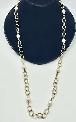 Veronese Sterling Silver 18k Gold Over Pearl Station Rolo Chain Necklace 30” • $34