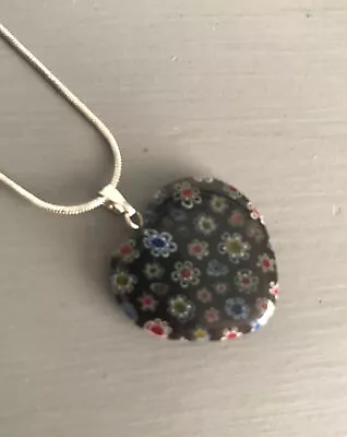 Pretty Millefiori Murano Flower Love Heart  Glass Pendant Necklace Jewellery • £4.99