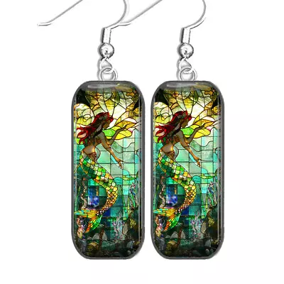 Mermaid Earrings Fantasy Folklore Faux Stained Glass Art Print Sterling Silver • $12.95