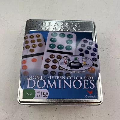 Cardinal Double Fifteen 15 Color Dot Dominoes Tin 2007 With Mexican Train New! • $40