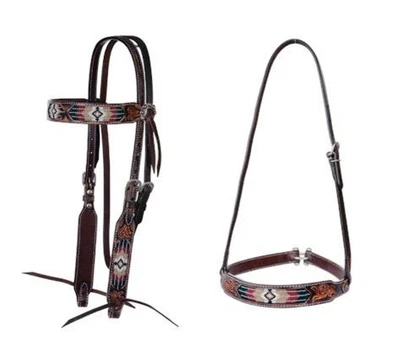 $74.95 • Buy Circle Y Leather Beaded Inlay Browband Headstall X0216-600V Noseband X4516-600V