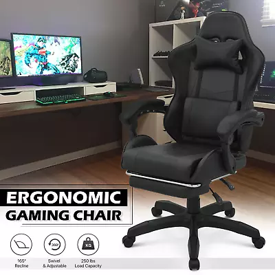 Black Gaming Racing Chair[LUMBAR SUPPORT+FOOTREST]Office Swivel Reclinable Seat • $153.99
