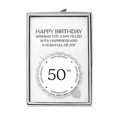 50th Birthday Heart Charm Stretch Bracelet With Quote Gift Box • £13.99