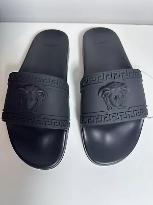 NWT Authentic $375 Versace Black Palazzo Medusa Logo Slides Sandals Men's 44 11 • $149