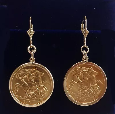 22ct Gold Half Sovereign Drop Earrings 9ct Yellow Gold Fittings - Length 42mm • £795