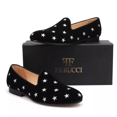 Handmade FERUCCI Men Black Velvet Slippers Loafers With  Embroidered Stars • $112.49