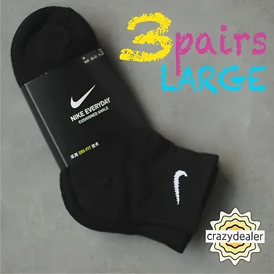 Nike Everyday Cushioned Cotton Training Ankle Socks DRI-FIT BLACK Large 3 Pairs • $14.99
