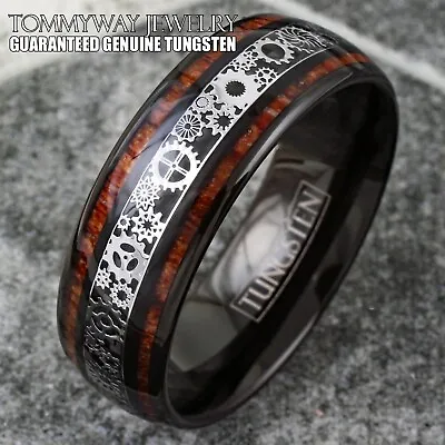 Personalized Engraved Black Tungsten Koa Wood Stripe Clockwork Gears Band Ring • $29.99