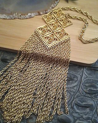 Vintage GOLD TONE Double Diamond Shape Long Fringe Necklace Unsigned Monet? • $35