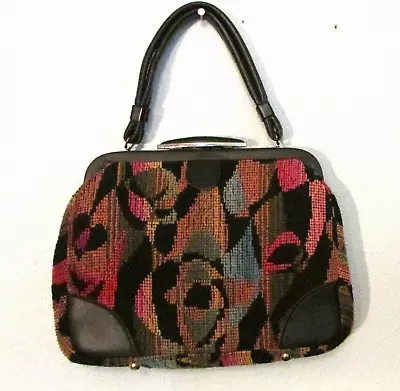 VTG Jaclyn TAPESTRY Purse CARPET BAG Handbag MOD Abstract FLORAL Black VINYL 60s • $34.95