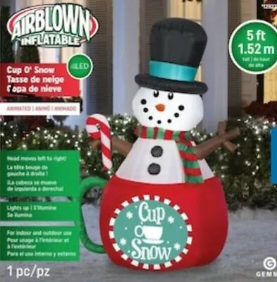 GEMMY 5 Ft ANIMATED SNOWMAN CUP OF SNOW Airblown Lighted Yard Inflatable • $149.99