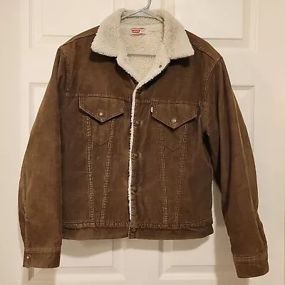 Levis Men Sherpa Lined Trucker Jacket Corduroy Size 40 Brown Snap Buttons • $58.90