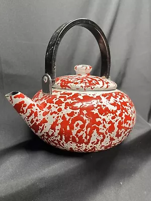 Vintage Red And White Enamel Ware Tea Pot With Lid Pre Owned SEE PICTURES. • $10.50