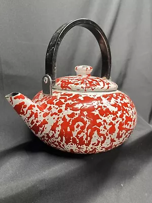 Vintage Red And White Enamel Ware Tea Pot With Lid Pre Owned. • $15