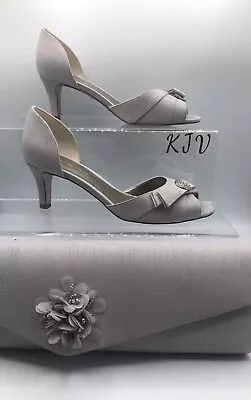Jacques Vert Open Sided Peep-toe Shoes Size 5 Silver Grey & Matching Bag VGC. • £52