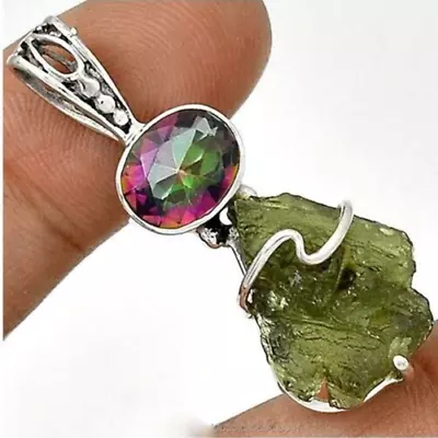 Natural Real Moldavite Rough 925 Sterling Silver Mystic Topaz Pendant • $33.06