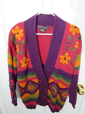 Vtg IB Diffusion Colorful Cardigan Sweater 1993 Size M Flowers Rainbow & Roses • $34.99