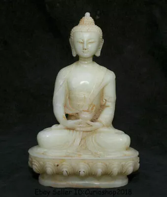 8  Old Natural White Jade Carving Tibet Shakyamuni Amitabha Buddha Lotus Statue • £146.72