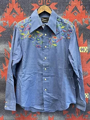 Vintage Hippie Embroidered Chambray Shirt L 70s  • $49.99