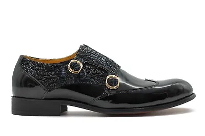 Men Black Patent Shiny Real Leather Monk Shoes Blue Snakeskin Print Party Loafer • £79.99