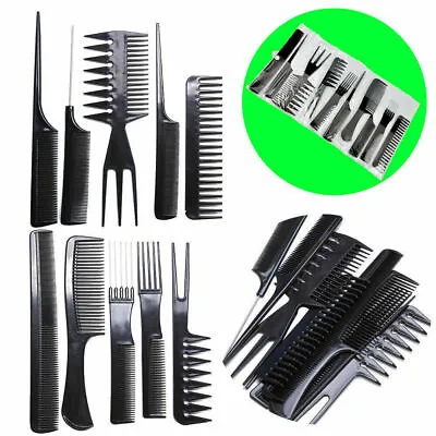 10 Piece Hair Styling Comb Set Professional Black Hairdressing Brush Barbers • £2.99