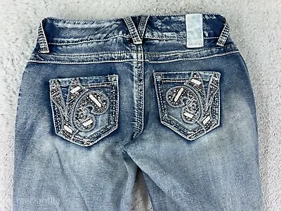 Vanity Pants Women 26 Blue Denim Jeans Flared Embroidered Bling Distressed • $19.79