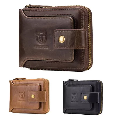 Leather Wallet For Men Large Capacity ID Window Card Case With Zip Coin Pocket • £20.28