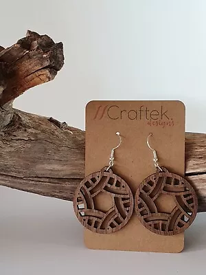 Wooden Earrings Laser Cut Round Weave Design Drop/Dangle Style B3 • $20